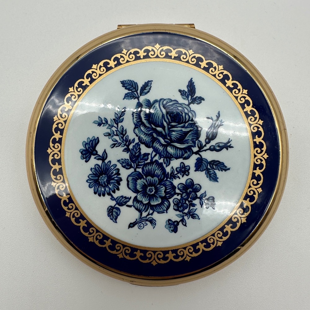 Vintage Stratton England Compact Blue White Floral Porcelain Gold Tone Mirror